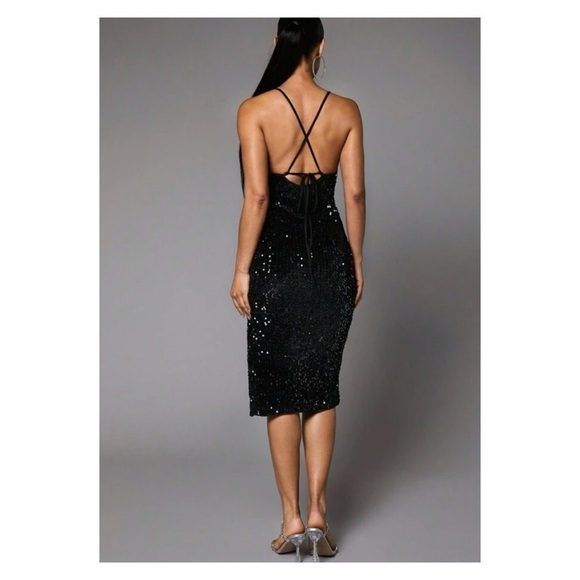 MANNING CARTELL Black Sequins Deep V Neck Backless Cocktail Dress Size 0 Holiday - Picture 5 of 11